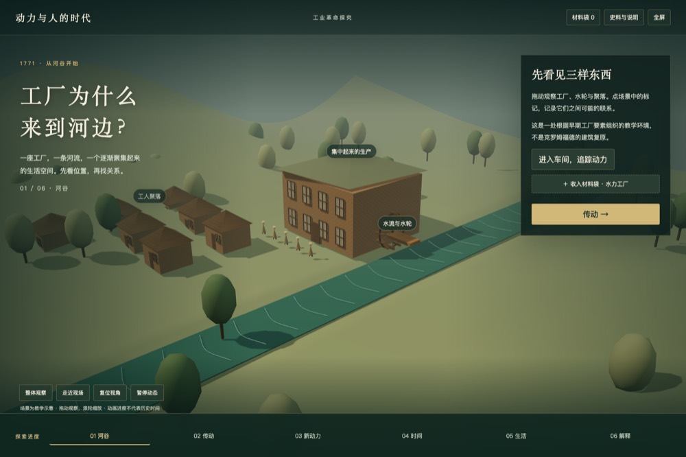 动力，改变了什么？课件截图：河谷水轮与厂房车间