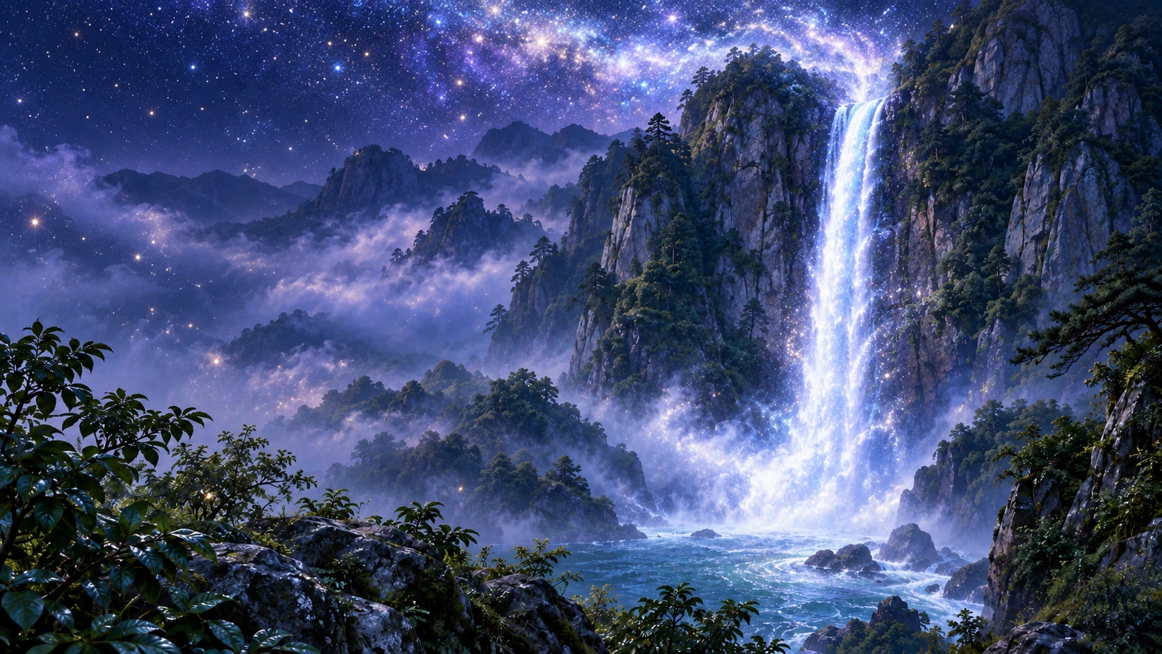星河与瀑布相连的诗人想象示意